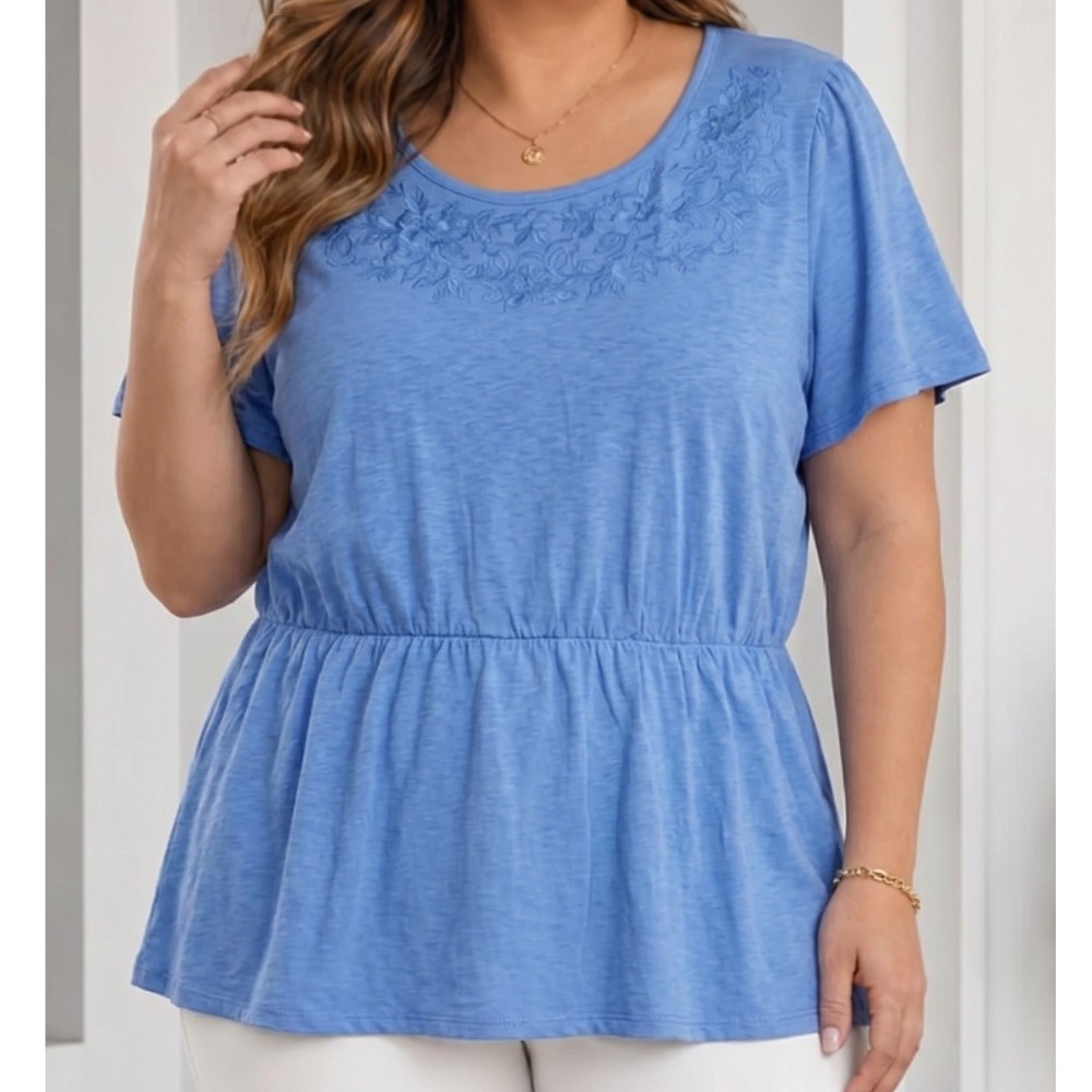 Lane Bryant Blue Embroidered Peplum Top Plus Size 22/24 Short Sleeve